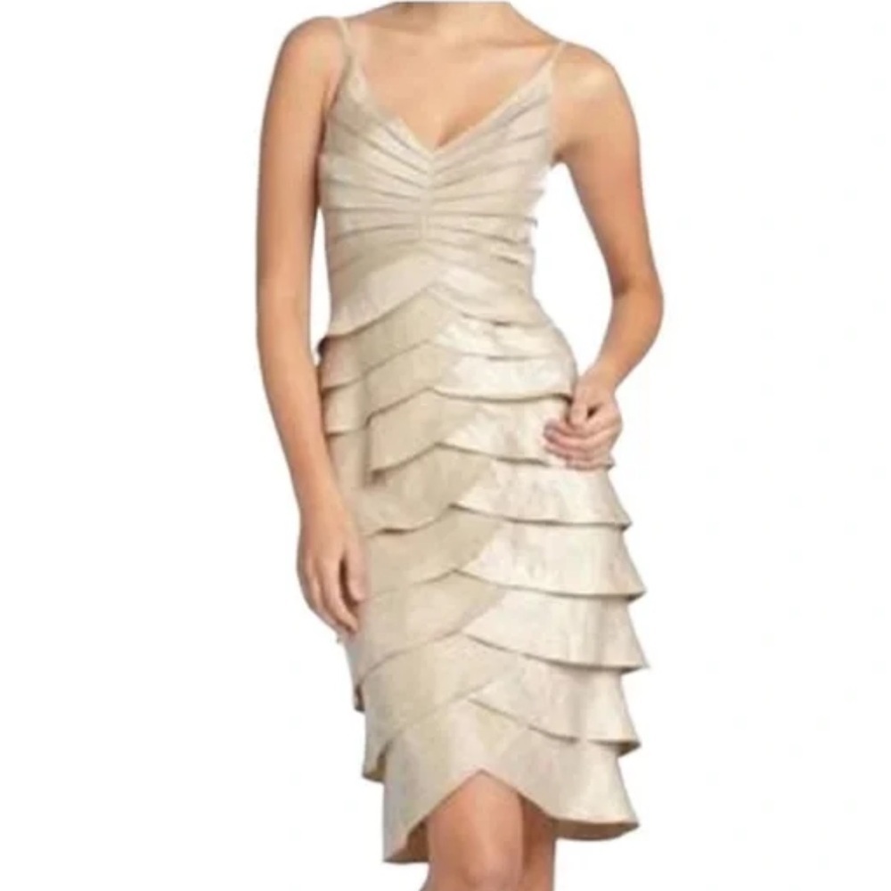 ADRIANNA PAPELL Occasions Tiered Ruffle Champagne Dress Size 14 Wedding Party